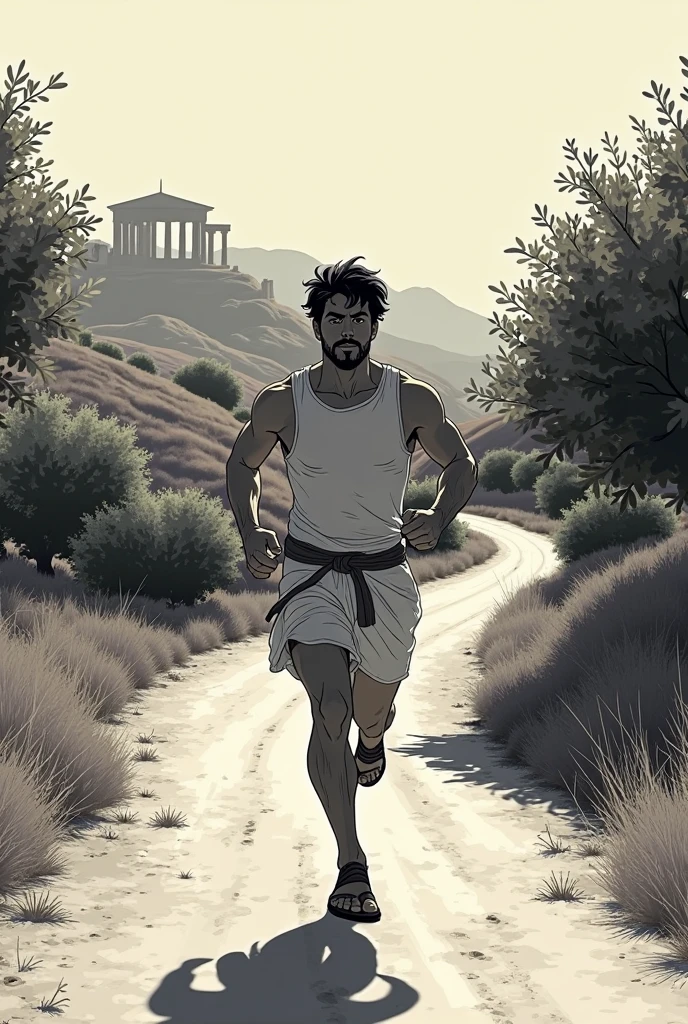 "Depict Rocky embarking on his journey. The scene shows him stepping off the porch into the open field, his head held high and ears perked up with determination. The setting is a rural landscape with a mix of green fields and distant hills. The weather is slightly overcast, adding a sense of adventure and uncertainty."
