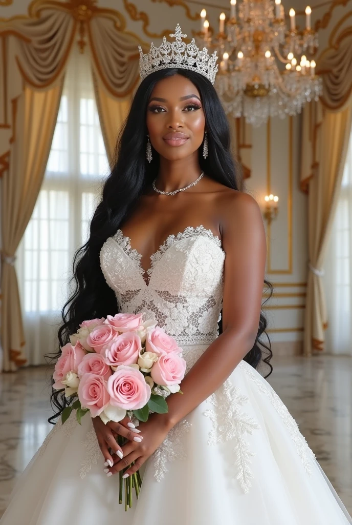 Realistic full body photo of a smiling black woman with long hair, ponytail hairstyle, She dances in front of the camera in a long A-line wedding dress with straps made of shiny satin., Park,glamour fotoshooting, Wedding celebration, perfect anatomy, perfect brown eyes. Perfect hands with 5 fingers on each hand, Matching girl, looking at the camera, 1 Frau. (Eye make up:1.1), (highly detailed skin:1.1), spirit, analog style, keen focus, 8K  UHD, dslr, good quality, Fujifilm XT3, Grain, Award-winning, ​masterpiece. Wedding celebration
