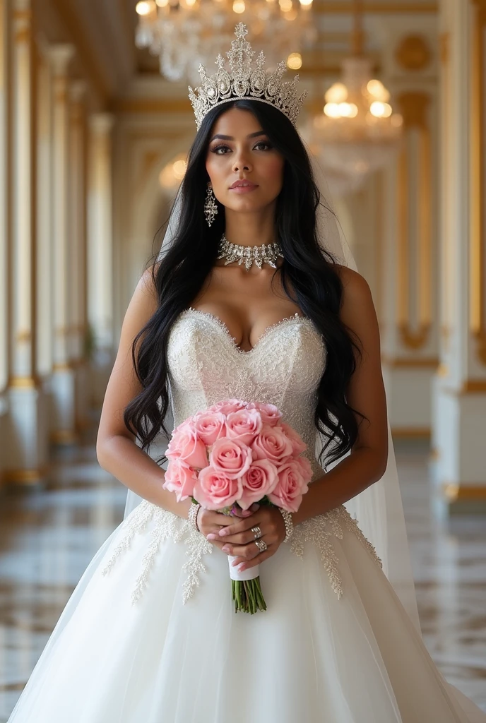 (detailed:1.15), (HD, Ultra Detailed) a Giulia Ricci, black skin, wearing wedding dress, 8k church background