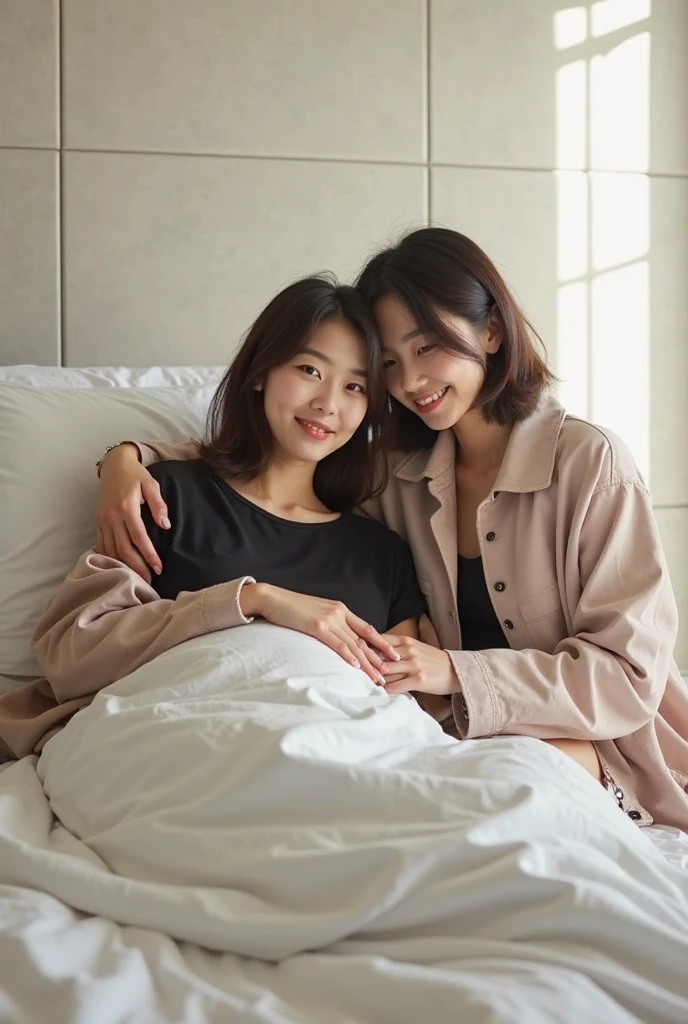lens: 135mm f1.8,(Highest quality),(High resolution),(high resolution),(Beautiful Japanese mother and daughter),(40 year old mother with long hair),( old girl with very very short hair)、Smile and be there for them、whole body、They are sitting on a white bed
