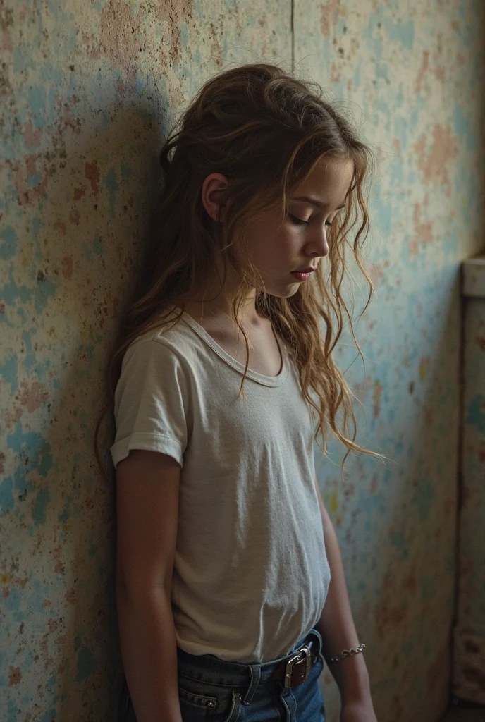 (-yeld giin torn clothes, with signs of attack, Standing and crying, Pulls up unbuttoned and lowered jeans),illustartion,painful facial expression,garden background,Soft sunlight,pastel colours,sharp-focus,many details,Emotional storyline