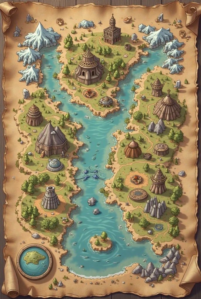 Make an old style map, fancy. parchment color. with different regions:
Region 1: Above left.
There are glaciers with a lake, a cave, a river with a lagoon, 2 volcanoes and a spice field and shrubs.
Region 2: To the right of 1.
There are the stands and sand of a Roman circus, and an oracle.
Region 3:To the right of 2.
there is a forest of witches and fairies, a magic crystal ball and a portal to other worlds, also a giant tree.
Region 4: Just below 3.
There are giant waterfalls that mirror, an ocean and a floating island, on each side there are two lighthouses and under one of them a penguin.
Region 3: to the left of the lower the 3: On the right there is a warrior tower with a military training area, To his left , a tree with fallen branches, footprints and a vampire coffin.
Region 5: To the left of the lower the 1. There is a rock shaped like a giant boot.
Region 6: Under 5.
There is a tornado, a dark well and a waterfall.
Keep an old map style, with simple but beautiful lines. Each region must be separated from the other by borders, as if it were a country. Make the details look good