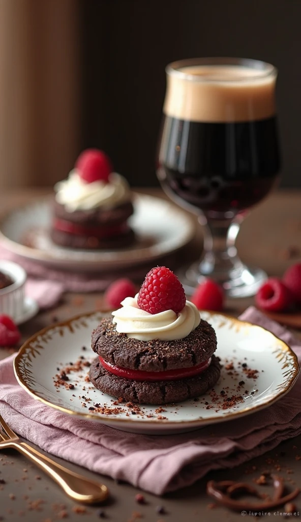 Hgraphic elements, Dynamic Light, Cinematics, HDR, UHD, professional PHOTOGRAPH OF"Creative Layering
"A luxurious table setup with Chocolate Raspberry Stout Cookies elegantly plated on fine china, each cookie topped with a dollop of fresh whipped cream and a raspberry on top. Complement the dish with a small glass of stout beer and a delicate chocolate swirl on the side. Use soft, dreamy lighting to create an intimate ambiance that highlights the sophisticated presentation, inviting viewers to indulge in this exquisite dessert."
---》上面的图片来自于下面的菜谱:
🍺 巧克力覆盆子啤酒饼干 (Chocolate Raspberry Stout Cookies) 🍪
这款巧克力覆盆子啤酒饼干融入了香醇的啤酒以及浓郁的巧克力风味,再搭配覆盆子的微酸,每一口都带来层次分明的独特享受!✨
🍽️ 菜品名称:醉心巧克力覆盆子啤酒饼干
一款让味蕾雀跃的甜点,与众不同的风味让您垂涎三尺,忍不住想要再来一块!
🥢 食材准备 🧁
主料:
中筋面粉 200克
可可粉 50克(提供浓郁巧克力味 🍫)
发酵粉 1小匙
苏打粉 1/2小匙
盐 1/4小匙
无盐黄油 150克(软化至室温)
红糖 150克(提供完美甜度)
白砂糖 50克
鸡蛋 1个
香草精 1小匙(增添香气)
细腻覆盆子酱 100克(带来微酸和果香 🍇)
黑巧克力 100克(切碎,提供额外的巧克力快感)
工艺黑啤酒 100毫升(增添特殊风味)
辅料:
新鲜覆盆子(用于装饰与增强口感 🍓)
粉糖或可可粉(用于轻轻装饰 🍭)
🔪 制作步骤:
准备面团原料:
在一个大碗中混合面粉、可可粉、发酵粉、苏打粉和盐。确保所有粉类充分混合,以便进一步搅和。
混合奶油与糖:
在另外一个中等大小的碗中,打发软化的黄油与红糖、白砂糖,直到混合物变得蓬松。随后加入鸡蛋和香草精,继续搅打均匀。
加入覆盆子酱与啤酒:
将覆盆子酱与黑啤酒倒入奶油混合物中,轻轻搅拌,确保液体完全融合。铺以黑巧克力碎,混入面团。
整合面团:
慢慢将干性混合物加入湿性混合物中。用刮刀轻轻翻拌,直到所有成分结合得当,形成均匀的饼干面团。
准备烤盘并烘焙:
烤盘上铺上烘焙纸。用勺子将面团分割成小球,间隔放在烤盘上,轻轻压扁。预热烤箱至180°C(350°F),烘焙约12-15分钟或至饼干边缘固定。
装饰与上菜:
将烤好的饼干稍微冷却,在顶部撒上粉糖或可可粉,搭配新鲜覆盆子增加视觉吸引力与口感。