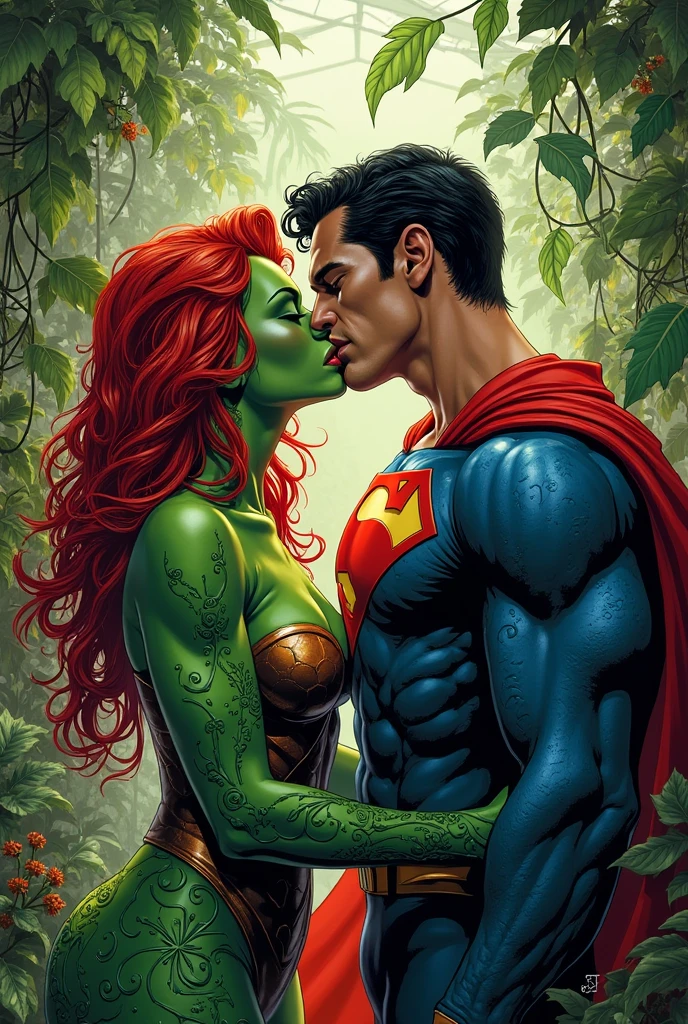 (((Poison Ivy))), (((Superman))), High quality, best quality, masterpiece, (1boy1 1girl), (hetero:1.5), mature woman, curves, long wavy redhead hair, green eyes. cleavage. (((woman wearing strapless black leotard))), reverse suspended congress, legs spread