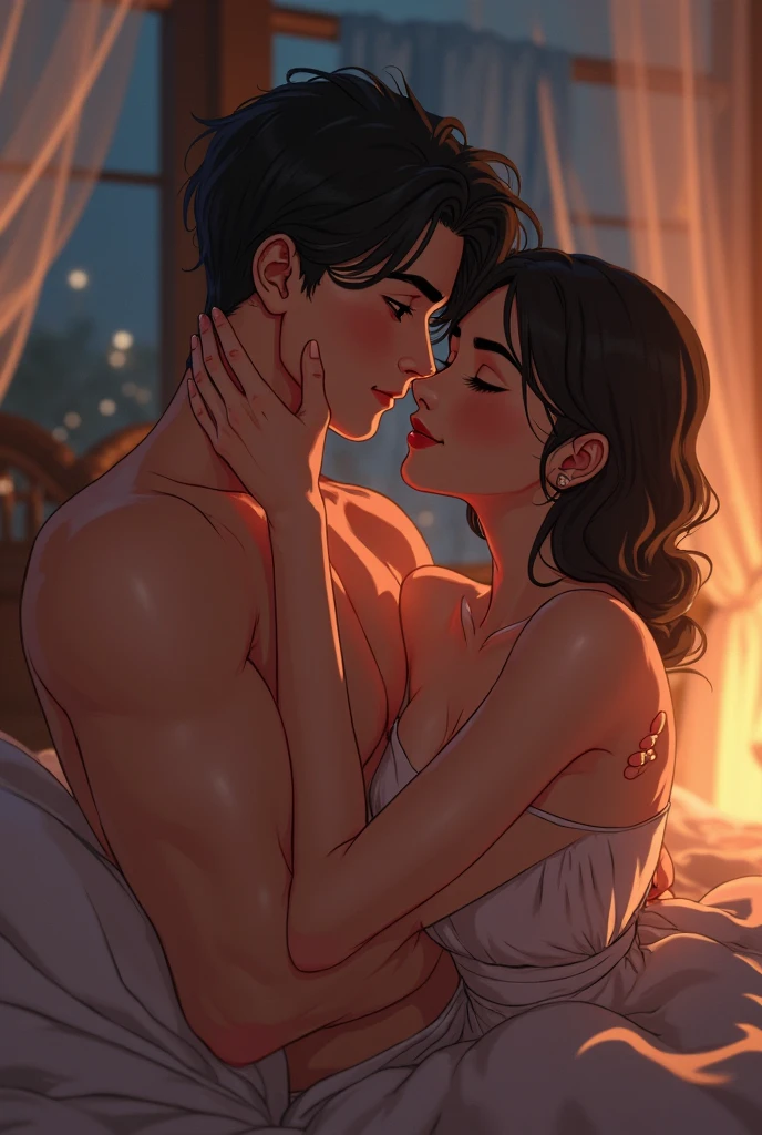 Young boy and woman passionately making out, kissing, lips touching, hugging tight, both blushing intensely, eyes closed, in bed, night time, candles lit