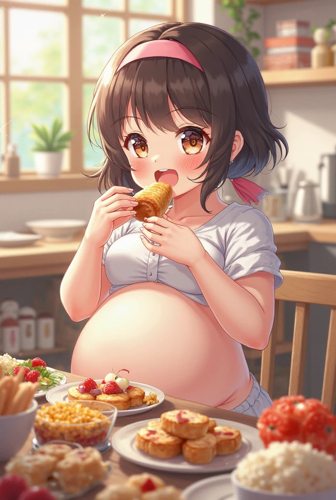 Young girl with short brown hair, along with a pink night gown , and flat chest with her hands her round huge pregnant big belly while licking her lips satisfied with empty food plates near her, with her legs open and her huge belly