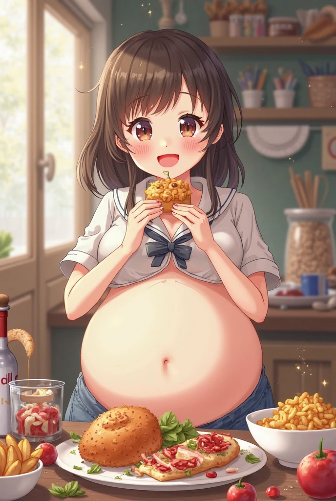 Masterpiece, best quality, score_9, score_8_up, score_7_up, source_anime, expressive face, expressive eyes, solo, black hair, medium hair, double braids, bangs, hair between eyes, yellow eyes, small breast, yellow camisole, sleeveless, black shorts, (eating), tired, sweating, sit on the couch, (living room), close view, (from below), (big belly:1.2), (one hand holding own belly)