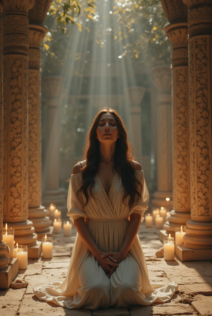 In the stillness of the night, a figure on their knees emerges, lost in deep prayer against a backdrop of divinity. The ethereal atmosphere is bathed in soft directional light--a gentle illumination that casts elongated shadows--an AR 3:2 ratio frame captures this humble scene. The light source, with a softness setting of 250 and a secondary light setting of low intensity, envelops the figure in a heavenly glow, inviting an almost spiritual connection with the audience--a masterpiece of nocturnal prayer.