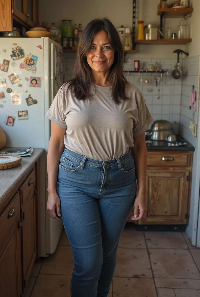 arafed woman standing in a kitchen with a bowl of fruit on the counter, hyperrealistic full figure, full - bodied portrait, a portrait of a plump woman, full figured middle aged housewife, plus size woman, thicc, 50 year old woman, widest hips, fat woman, large thighs, mirka andolfo-sherilyn fenn-cassandra peterson merged, entire body visible, wearing high waistedjeans and a striped collard shirt, karen, mean look on her face, disgusted look on her face, aged face and skin, no makeup
