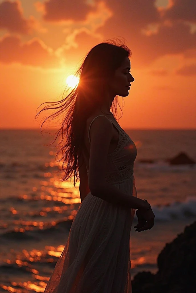 The background is the beach at sunset、mysterious beautiful woman、mysterious facial expression、looking at me、white dress、precise watercolor painting、abstract expression、fairy tale、 ((The face is realistic and beautiful)) ((highest quality)), ((high resolution 16k)), ((The background is realistic and beautiful.)), --automatic