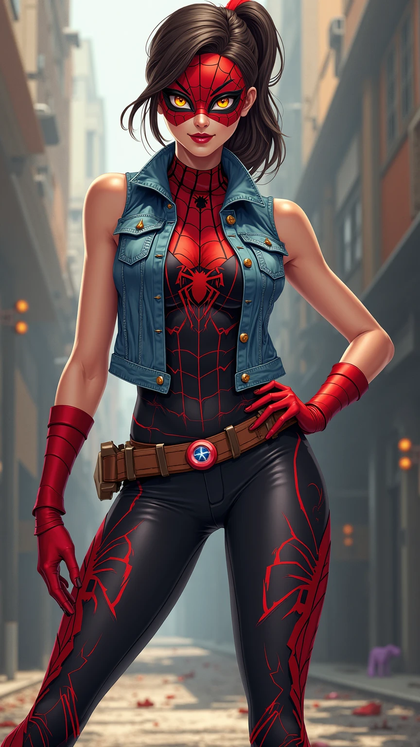 Comic book style, full body view. A female superhero with her suit that's inspired by Spider-Girl. She's also wearing a sleeveless denim vest. Her hair is dark brown in a shape of her ponytail. For her torso part of the suit, it's dark red and black with red web designs. For her thighs from her suit, it's red. For her footwear, it's like Spider-Girl's, but the same dark red and black with red webbing design. Her mask is dark red with the lenses colored amber, and still got the red webbing design.