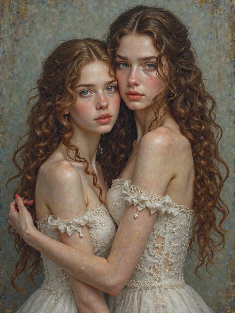 ((high resolution)), ((pale skin)), freckled, brunette ((13 year old)) girls, wavy hair, naked, wrestling