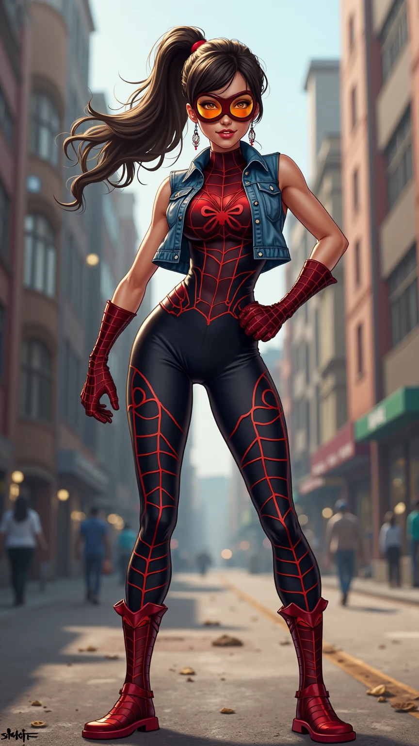 Comic book style, full body view. A female superhero with her suit that's inspired by Spider-Girl. She's also wearing a sleeveless denim vest. Her hair is dark brown in a shape of her ponytail. For her torso part of the suit, it's dark red and black with red web designs. For her thighs from her suit, it's red. For her footwear, it's like Spider-Girl's, but the same dark red and black with red webbing design. Her mask is dark red with the lenses colored amber, and still got the red webbing design.