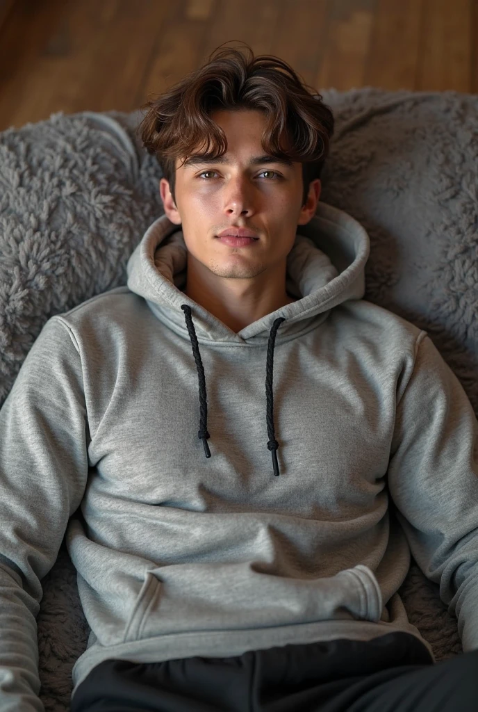 The man in his thirties showcases a modern and textured faux hawk, perfectly explained for a fresh and minimalist appeal. The clean-cut top, shorter sides, and long beard strike a balance between comfort and contemporary style. Paired with a white hoodie and distressed jeans, he sits casually on the couch, embodying a laid-back yet edgy aesthetic. Soft ambient light enhances the cozy atmosphere, highlighting his effortlessly cool look.