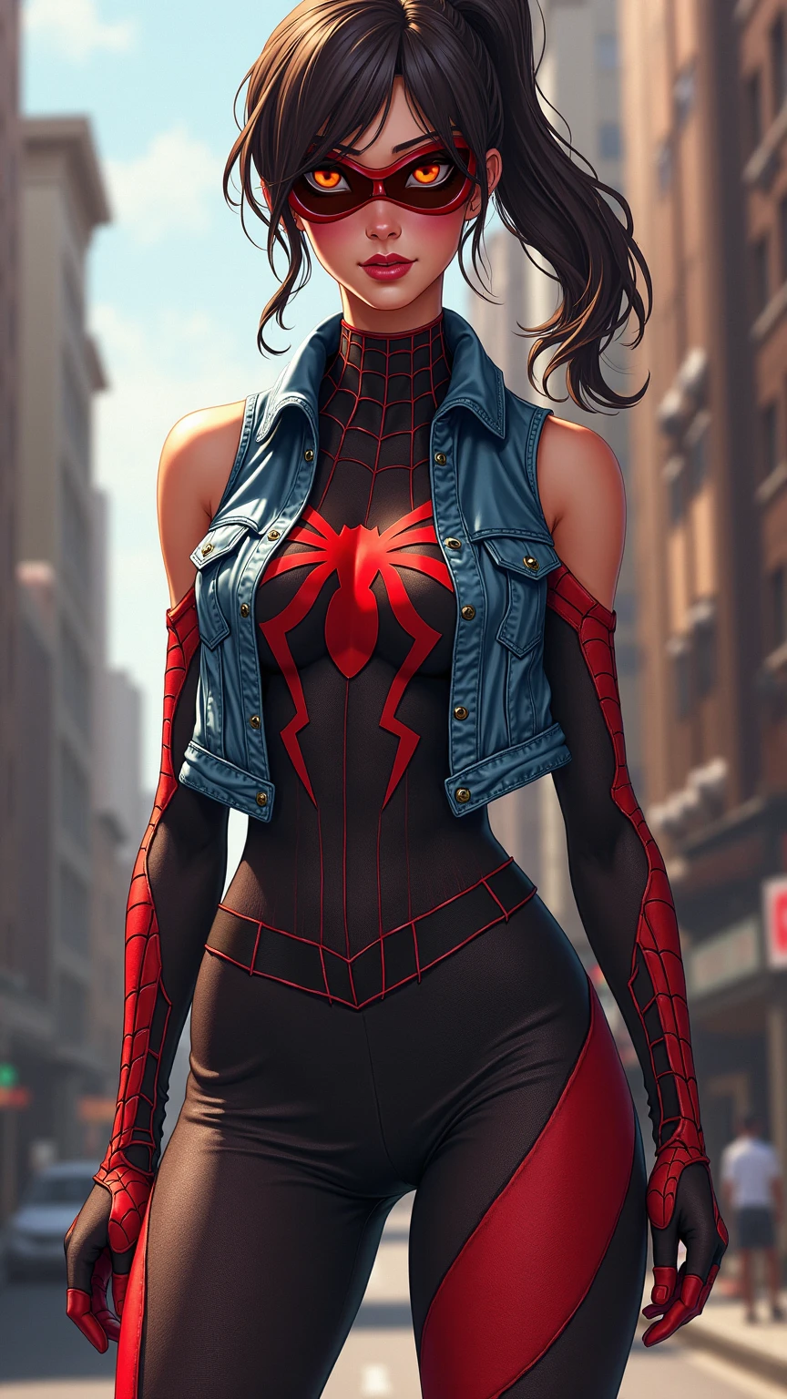Comic book style, full body view. A female superhero with her suit that's inspired by Spider-Girl. She's also wearing a sleeveless denim vest. Her hair is dark brown in a shape of her ponytail. For her torso part of the suit, it's dark red and black with red web designs. For her thighs from her suit, it's red. For her footwear, it's like Spider-Girl's, but the same dark red and black with red webbing design. Her mask is dark red with the lenses colored amber, and still got the red webbing design.