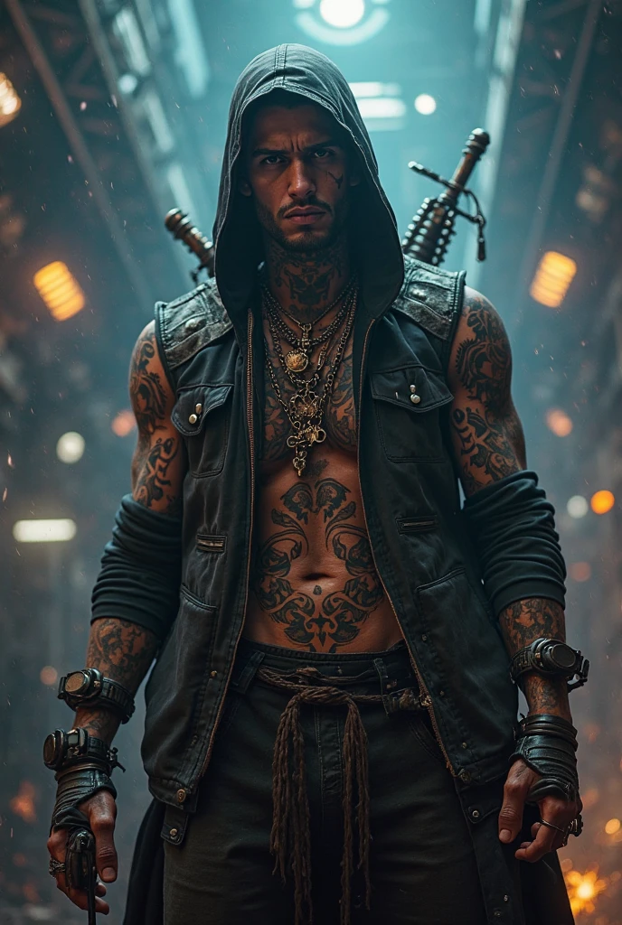 Cyberpunk, Scavenger, man, dressed in rags, tattoos, slaver, bandit, scar over one eye, dangerous, hodgepodge armor