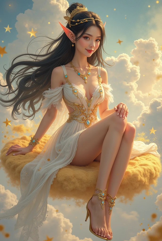 beautiful woman floating in the sky、no makeup、beautiful feet、high nose、intellectual beauty、The world in a dream、A glittering world、torn costume、In underwear、poor costume、Bright light shines、