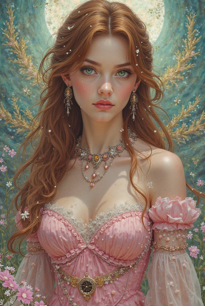 Victorian Hungarian Woman of the 14th century, Hazel hair, Pink lips, Nice feature, Wadim Kashin, james gurney, ink, Splash Art, Amazing beauty , Royo, after sexing, Super detailed splash art modern European oil ink painting, Mid Gorgeous Breasts, Gorgeous Body, oil painting, very detailed Bright Turmaline Green eyes, Blush, Greg Rutowski, (no NSFW image).
