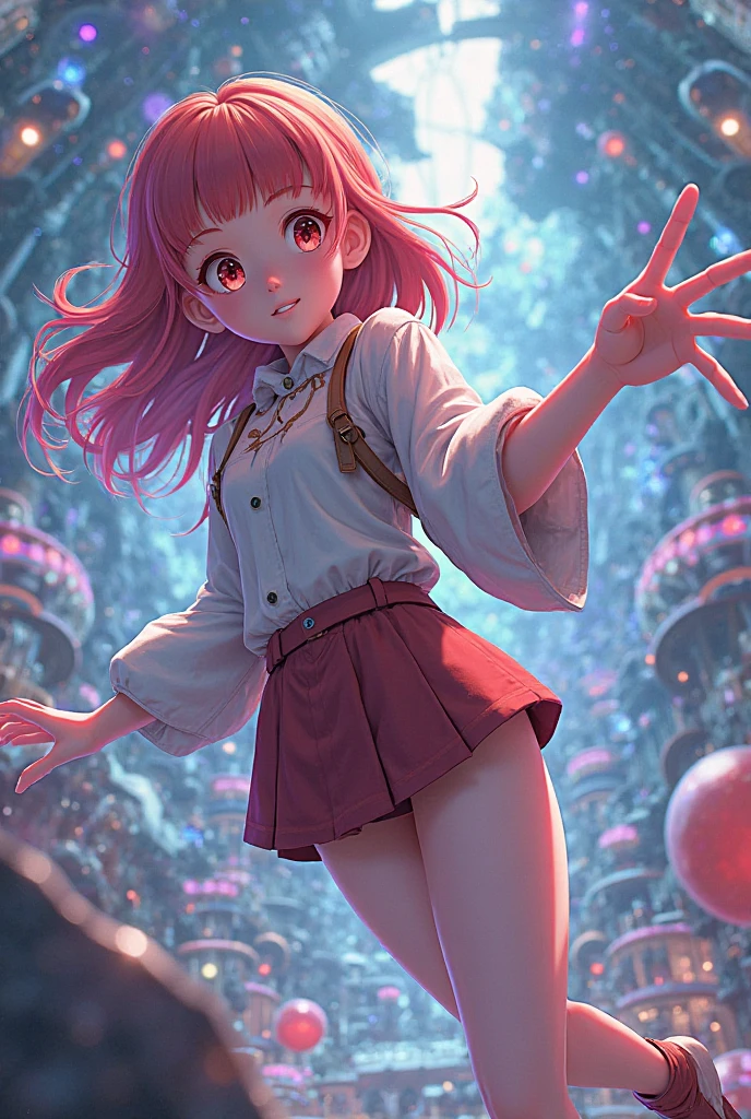 1girl,solo,smile,pink hair,leg up,barefoot,foot focus,foot up,show sole,in karaoke place,low angle
