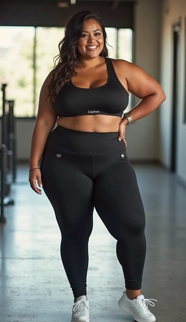 Black woman, black power hair, small breasts and sun mark, 55 years old, short, chubby, wearing white leggings, big and plump ass, thick thighs, wearing top, high heels