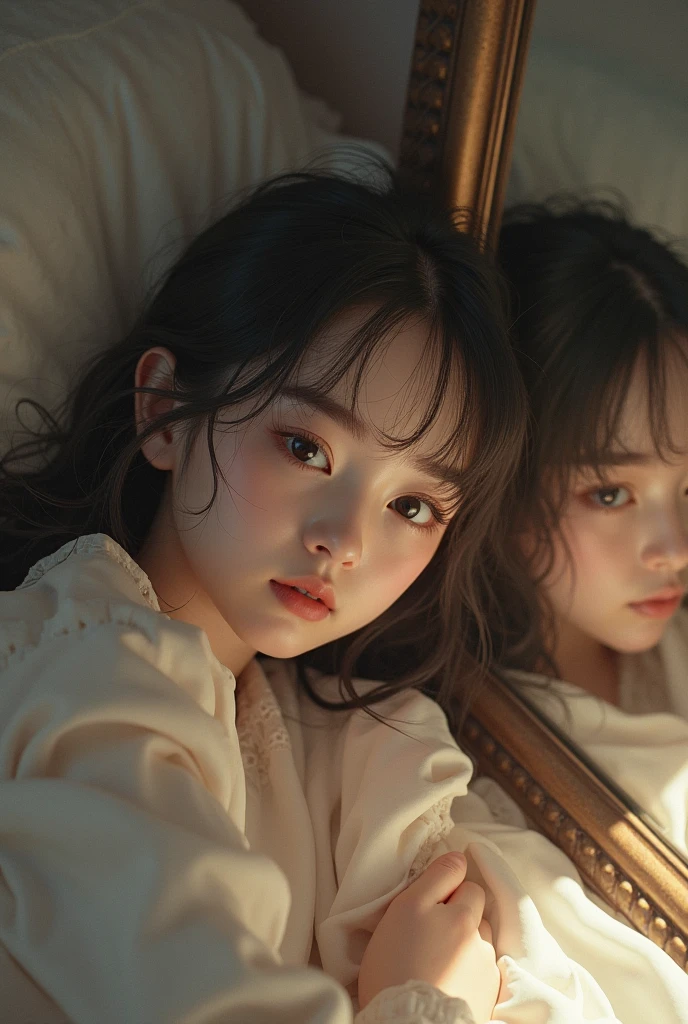 best image quality、RAW photo、超A high resolution、close up of face、8 year old pretty girl、Shooting for one person only、small breasts、beautiful clavicle、Tank top、gentle eyes、Beautiful eyes in every detail、very long term、beautiful eyelashes、beautiful double eyelids、thick and dark eyebrows、sleeping on my back in a big bed、random colored hair、Curly Short Bob、dark, thick, thick eyebrows、plump cheeks、smile、lightweight、Tourism Eyebrows、droopy eyes、amazing curly hair、small lips、no makeup、Quiet Girl、black eye、natural perm