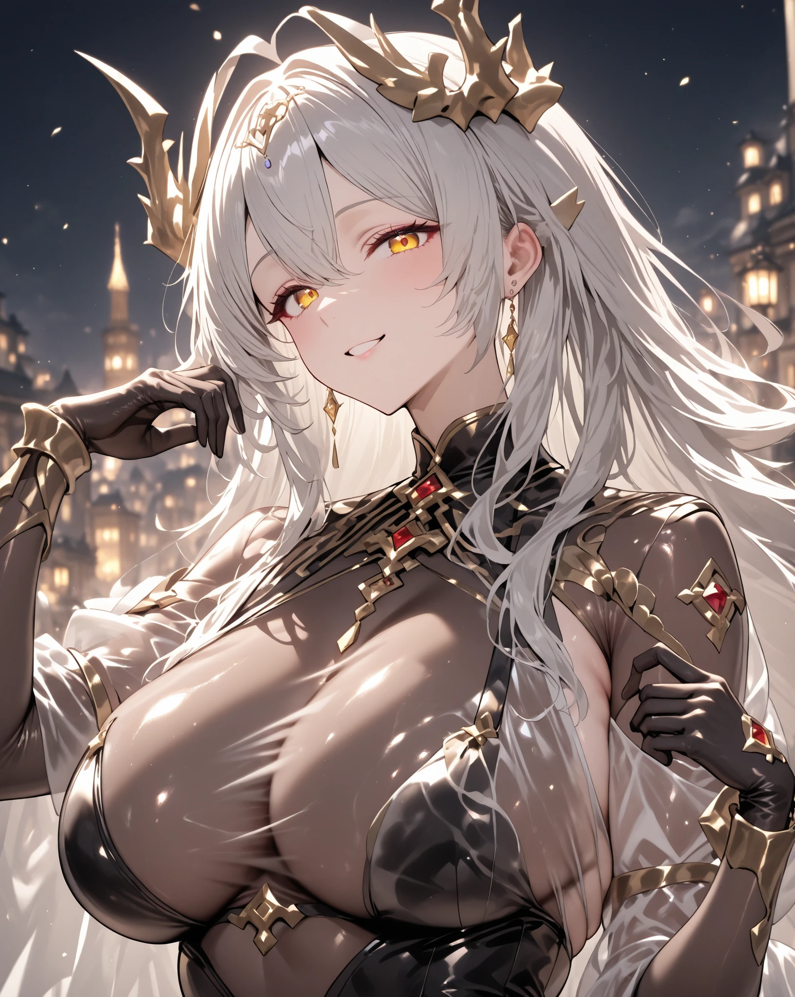 (RAW photo, best quality, mastery:1.2), (realistic, photo-realistic:1.4),(masterpiece:1.4),(best quality:1.4),1girl, solo, anatomy correct,Correct number of fingers,Cinematic lighting effects,Cinematic lighting effects,Contre-Jour,Super detailed face,detailed lips,Detailed eyes,Look square,looks into camera,(Two eyes with the same style,Eyes of the same size),二重まぶた,Larger breasts,(gigantic cleavage breasts,Bewitching body:1.2),white color hair,There are dragon horns on the head,