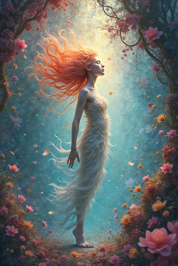 painting of a girl in long white simple transparent dress, bare feet, carries large fern leaf in relaxed hand, in profile, very long red hair, white skin, green grass, girl seems transparent, dramatic, dark atmosphere, cinematic scene, volumetric lights, ultra realistic, in the style of nicola samori