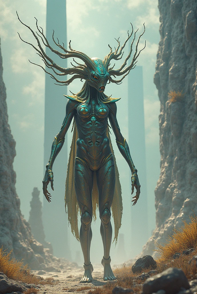 gray-skinned woman, strong and anatomical body, you go desert, no hair, baldie, Crown of horns on the head, standing in pose