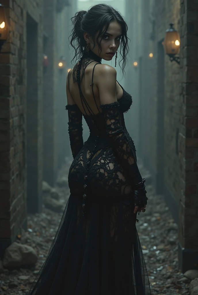 A stunning portrait of Maleficent from the rear. Show her ass, scantily clad in lace draping on her body,  as a mature woman in her late 50s, emphasis on her horns, purple highlights, purple reflected light, in the nude, young and beautiful, hyper realistic, real portrait, backlit, exquisite features, cleavage, sexy, seductive, unnatural light, soft light, location is the interior of a dungeon, green light, eerie, purple highlights:1.4, she is smirking, she is busty, her chin is raised, looking down at viewer, low angle shot, exquisite features, exotic, high cheekbones, show her full horns, thong underwear, narrow waist, wide hips, round ass