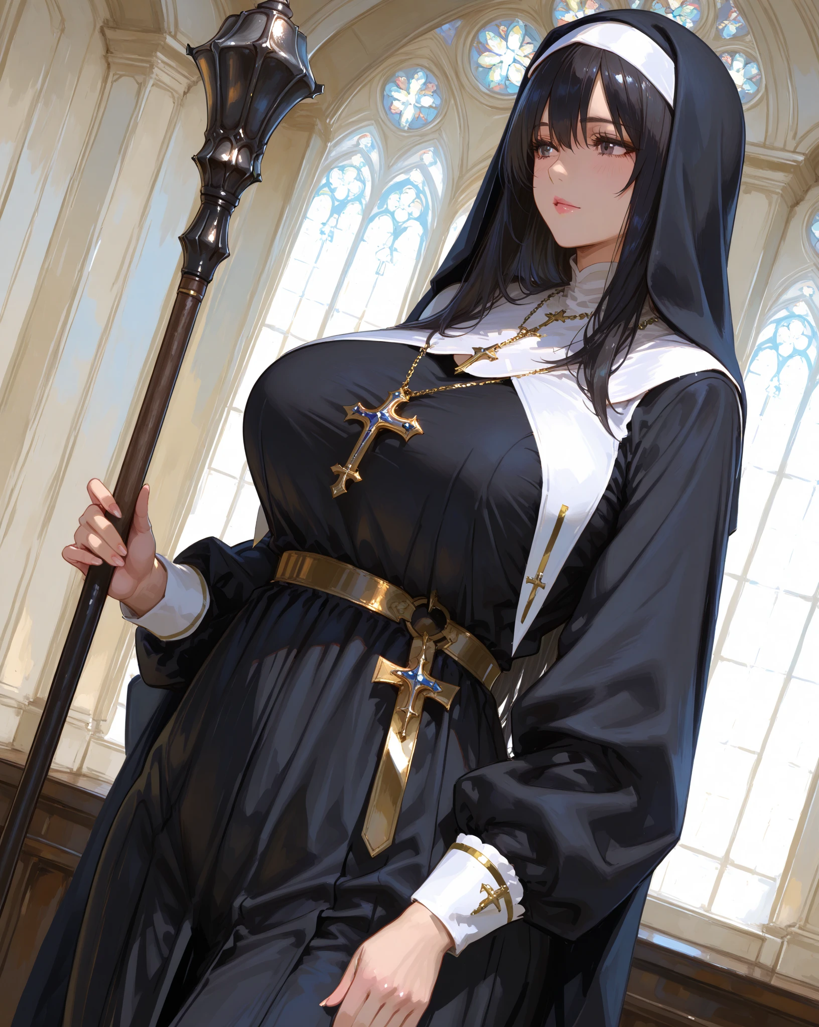 (Masterpiece, best quality), (highres, ultra-detailed), (perfect anatomy), outdoors, 1girl, solo, dress, sela, large breasts, tan, necklace, white sleeves, thighhighs, muscular, thighs, full body, priestess, church, religous, pants, coat, pullover, boots, body suit, bigdress, big robe,black body suit, HIGH BOOTS, feet together, toe to head