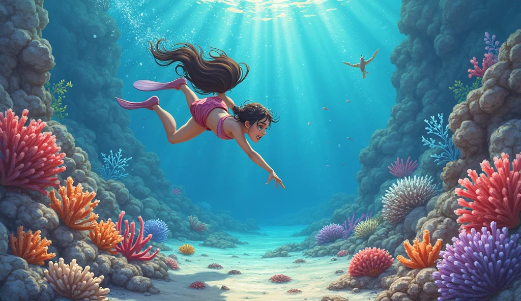 Cartoon style picture.-high definition, high definition, high resolution, 19th century Korea, a girl around with a slightly wild atmosphere is running on the beach wearing a Korean woman's national costume. Two dolphins are swimming parallel to the girl in the sea. --auto --s2