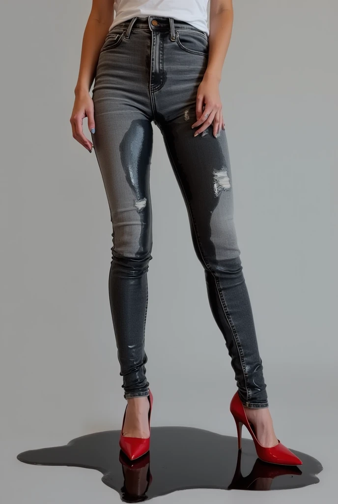 attractive blonde woman wearing skinny jeans, knee high heel boots, white blouse, standing in an office,  wetting, big smile, pee stains are gleaming wet, 