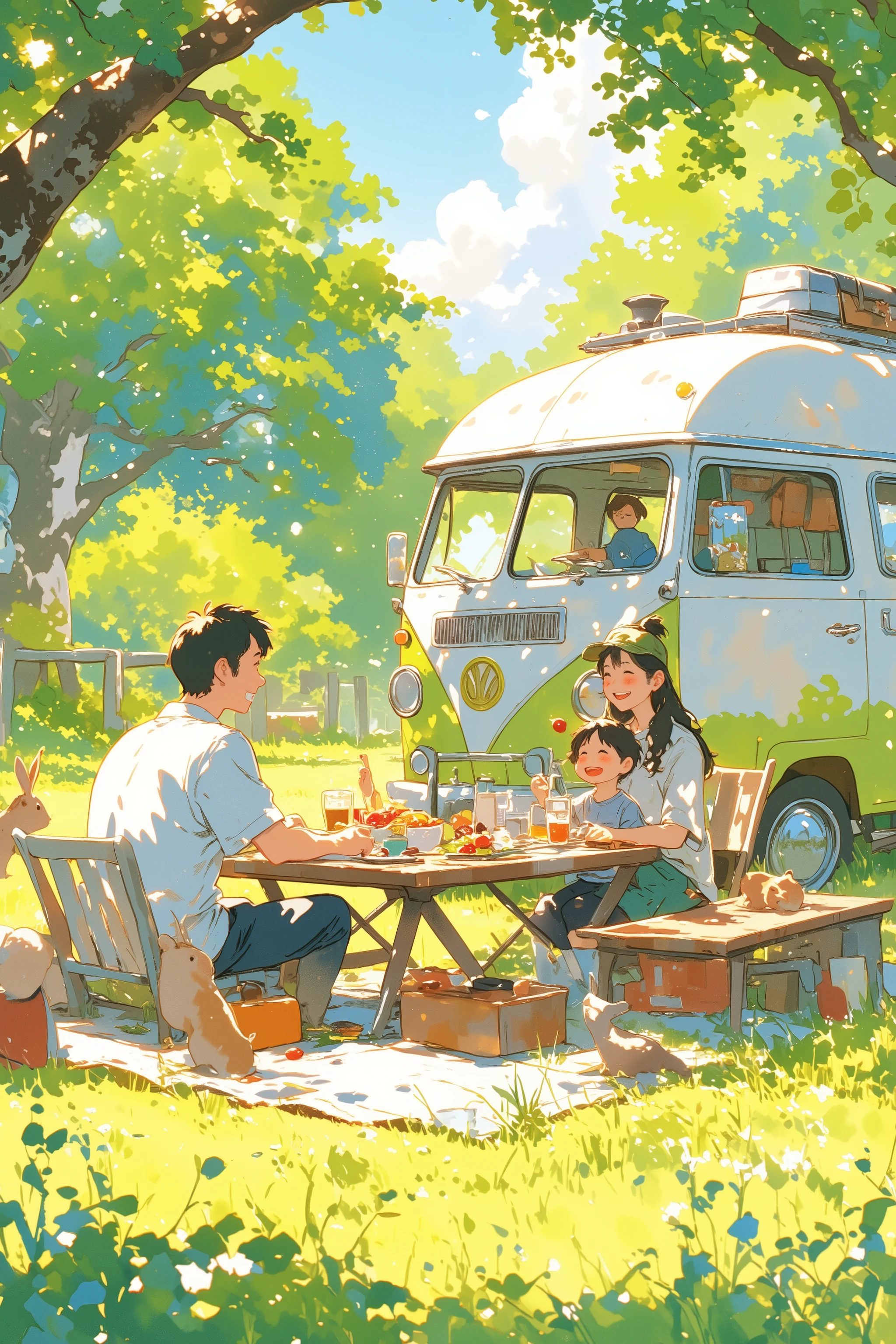 an adult and a small sitting together at a picnic table in a sunny grassy meadow, sharing a peaceful outdoor meal with friendly forest animals like a rabbit, a squirrel, a deer, and some birds, a cozy camping van is parked nearby with a chimney and roof luggage, simple food like fruit, sandwiches, and tea is arranged on the table, everyone is smiling and enjoying the moment, illustrated in a picture book style with thick lineart, soft watercolor textures, gentle color bleeding, and a warm paper texture, calm and heartwarming atmosphere,illustration style