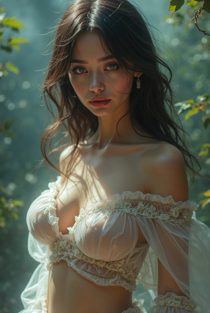 1 Beautiful girl, Beautiful girl of the highest grade, Realistic, extremely detailed CG unified 8k wallpaper, ighly detailed, High-definition raw color photos, professional photograpy, Realistic portrait, Cinematic Light, Beautiful detailed, (Naked:1.5), Beautiful big breasts, breasts details, (cleavage of the breast:1.2), Bare shoulders, (beautiful wedding dress with a wide open chest:1.4), No bra, No panties, (cameltoe details), Outdoors, Beautiful Landscape Forest, castle, stare, (Best Quality:1.4), super detail, high quality, masterpiece, upper body,