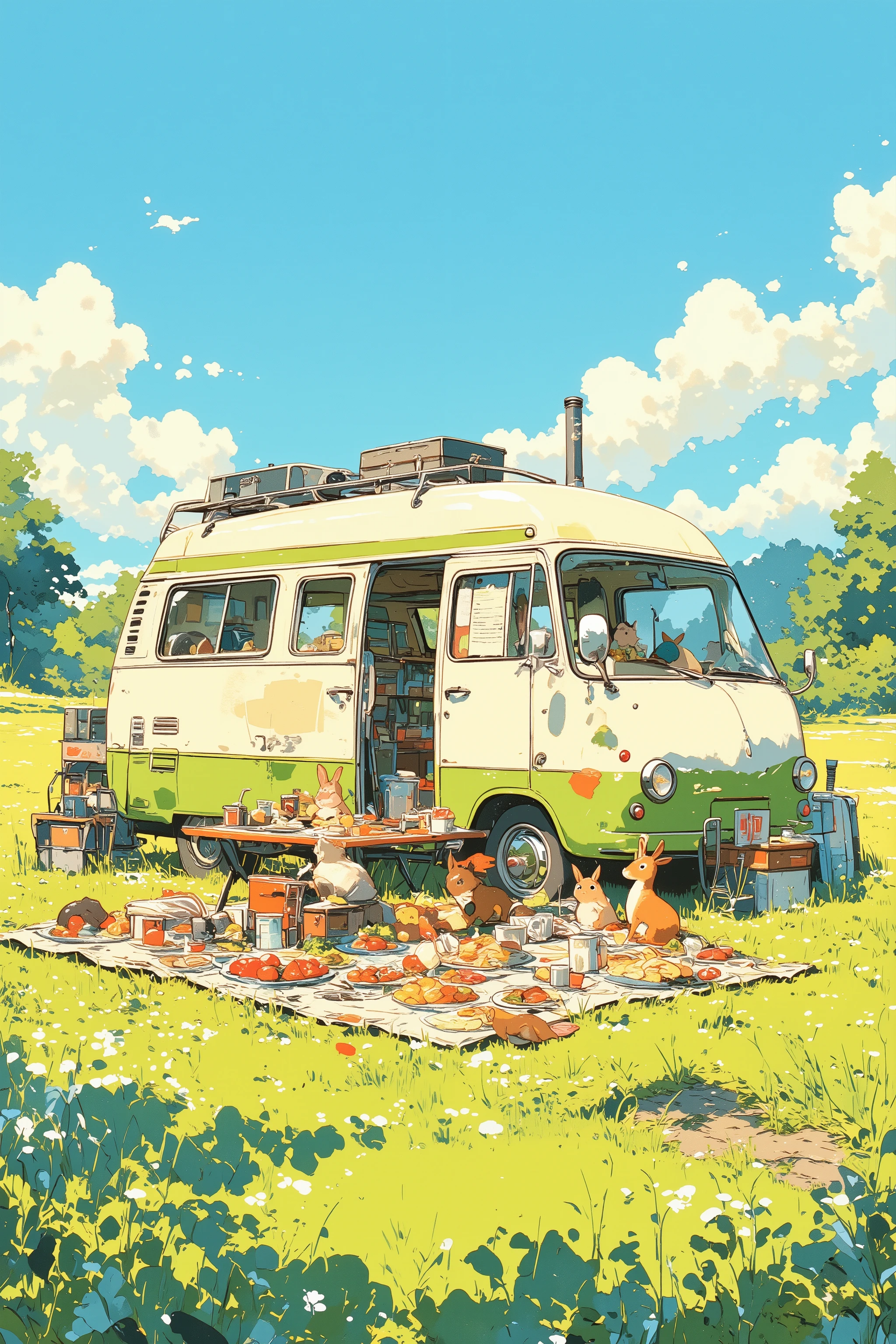 a cozy camping van parked in a sunny grassy meadow, with a picnic table set up beside it, plates of simple food, fruits, and tea laid out, a small and friendly forest animals like a rabbit, a squirrel, and a deer sitting together and enjoying the meal, the van has small windows, roof luggage, and a chimney, surrounded by wildflowers and under a bright blue sky with fluffy clouds and birds, illustrated in a hand-painted picture book style with thick lineart, watercolor textures, gentle color bleeding, and a warm, peaceful atmosphere,illustration style