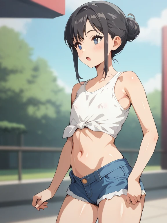 NSFW,((highest quality)), (masterpiece: 1.2), very detailed,(perfect and beautiful posture:1.2),(Solo,mature man),(short cut hair),(flat chest:1.4), ((confused and embarrassed and blush,cum:1.3)), shyness and crying:1.1, (Sweaty, sunburned skin:1.4), (tight Sports White bra, tight blue sporty lowrise swimming bottom:1.3),(erect nipples:0.3),navel out, (standing upright:1.3),pink heart shaped earrings and necklace,lips, steaming body, show teeth,midriff,outside, black long socks,skneakers,thick red lips,drooling,excessive cum,skinny,outdoor,navel out,((tight thighs,inner legs:1.1)),heavy breathing,looking at viewer,mouth open a little,(chubby),(in the crowded park,macho men surrounding her:1.3),Looking at viewer