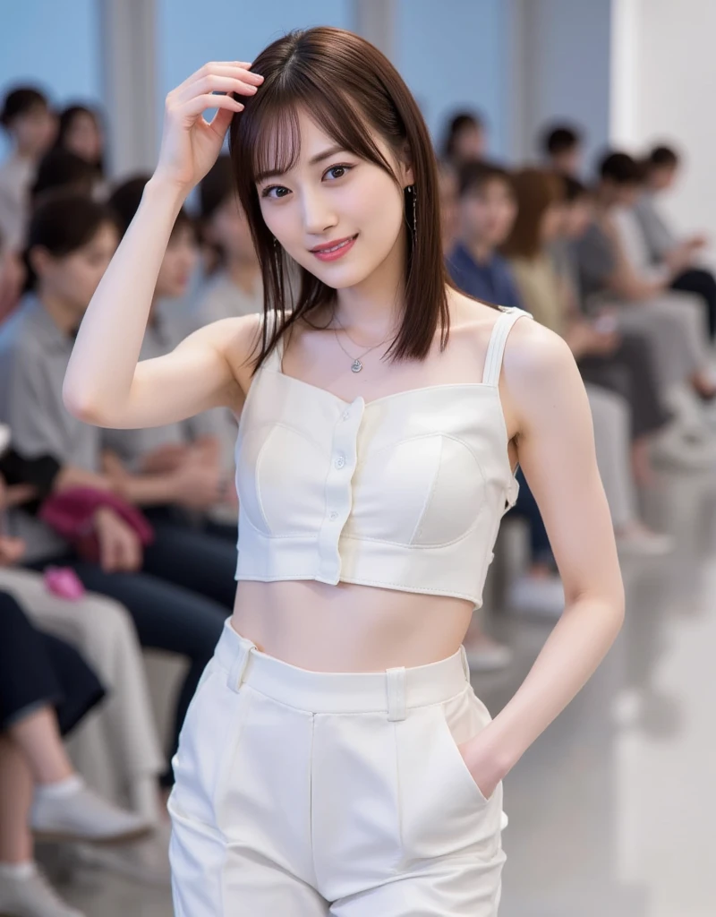 8k, real photo, two girls standing, on a catwalk of fashion show, many audience, ((white:1.5)) thin plain t-shirt with white pleated skirt, 14-year-old,bangs,a little smiles,thighs,knees,crotch,low ponytail,from below, low angle, exposing white panty, in a process of taking off shirt