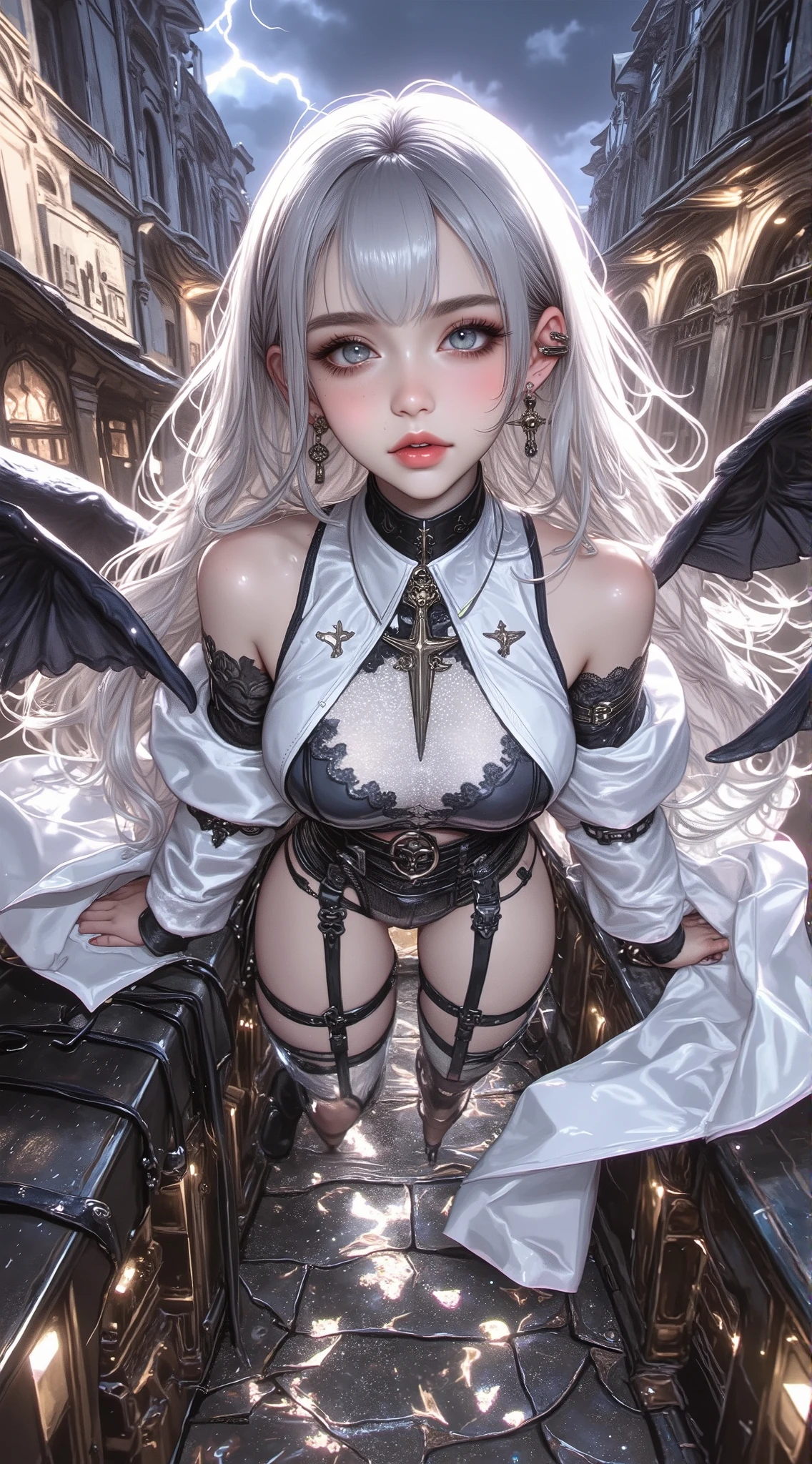((best quality)), ((masterpiece)), (detailed), 1girl, Character design, female, dynamic poses, long white grey hair, grey white eyes, very skinny, detailed, best quality, no accesoires around the neck, no shoes, prominent collarbones, skinny arms, flat stomach, visible hip bones, full body, blank white background, plain background, white background, red and white clothing, Bloodborne inspired, occult aesthetic, occult, detailed and intricate steampunk and detailed gothic, NSFW, Very dramatic and cinematic lighting, cosmic horror, grim-dark, side-lighting, perfect face, NSFW, Fluttering lace flared long knee length dress with frilly petticoats, knee length dress, pleated petticoats, petticoats gothic, complex lace boots, side-lighting, gothic aesthetic, wielding a mighty sword with mechanical components, mandalas, small breasts, a fairy, various different types of insect wings, NSFW, full body, whole body, body, plain background, white background, blank background, no background, white background NSFW, chains, full body, whole body, head-to-toe NSFW