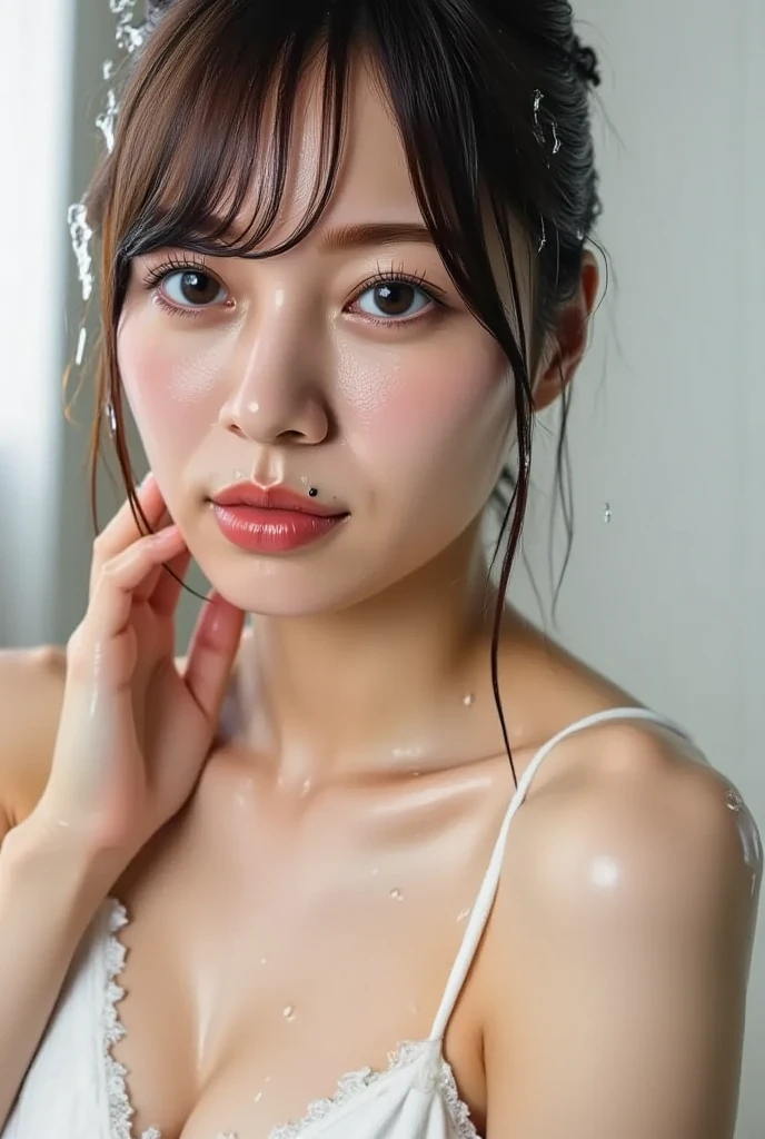 NSFW、RAW Portrait (Japanese women),masterpiece、Realistic:1.2、Realistic, Ultra-high resolution, Highest quality, Real Life Photos ,( Daytime :1.1), ((((1 female:1.5))))(かわいいface:1.3)、Japanese women,(((38-year-old woman))、Random hairstyles for short hair and updos、Black Hair,、shower room 、Kneel、big, beautiful, beautifuleye, Black Hair,(Written boundary depth:1.3)、 ((濃い茶色のeye:1.2))、(Realistic skin texture:1.3)、(Immersive atmosphere:0.8、Chiaroscuro:1.2) 、(Viewer:1.4)、((Embarrassed look:1.4))、((Red cheeks:1.3))、((Shot from above:1.2))、(笑face:0.7)、笑face , Detailed skin、face、eye ,Totally naked, Film Grain, 自然なface , blush:2.0、Large Breasts、Fair skin、Multiple moles、Sweaty、Wet and shiny skin、(((Cameraman's thick penis 1、She grabs and sucks the cameraman's thick penis:2.0、handjob)))