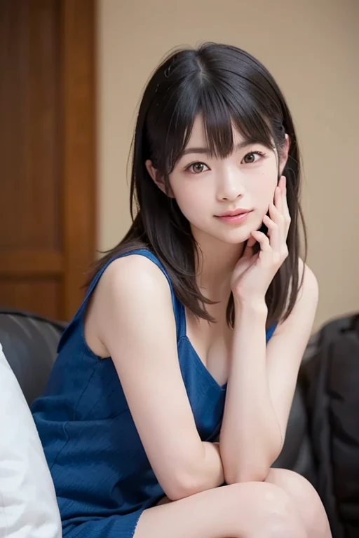 (masterpiece, highest quality、software:1.8), ((1 female:1.6)), Realistic, Realistic, Looking at the audience, lips, bangs, Mouth closed,happy smile、 Upper Body、Big eyes、eyelash、((very simple dark blue background:2、Beautiful face in symmetry))、(((bangs、Big eyes、big and full breasts、Looking at the audience、Beautiful beauty、smile、please close your mouth and smile)))、Ideal body type