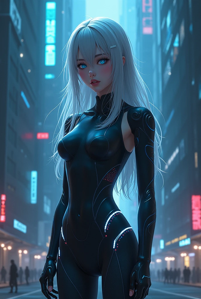 woman in a futuristic suit posing in a city, cute cyborg girl, cyborg girl, beutiful girl cyborg, cyborg - girl, cyberpunk anime girl mech, perfect cyborg female, perfect anime cyborg woman, female cyborg, cyberpunk beautiful girl, female cyberpunk anime girl, girl in mecha cyber armor, cyberpunk cyborg, cyberpunk robot, cyberpunk robotic elvish queen