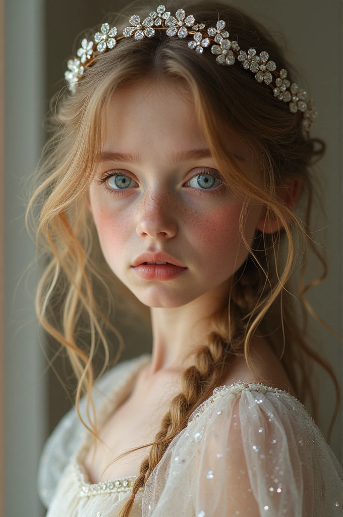A victorian portrait of 13-year-old age girl with blond wavy hair and blue eyes wearing a blue nightgown from the 1890's. Only her face, just a little rose cheeks