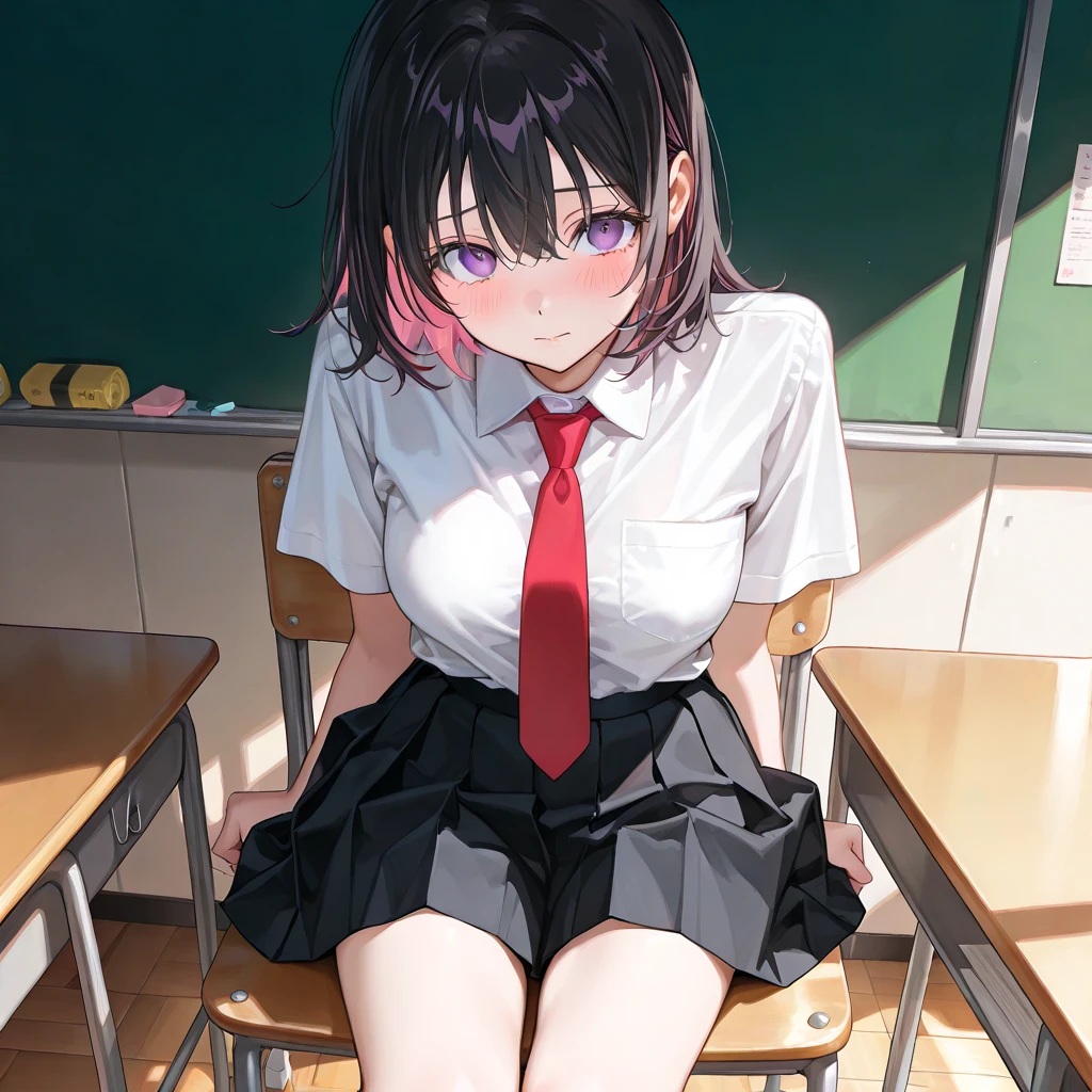 (((Anime Style,Arima Kana,1 person,uniform,classroom,Sit cross-legged at a desk,blush,Laughter,touch))),((Shooting from below,Black knee socks,Black underwear,Panty shot,Shot in close-up))