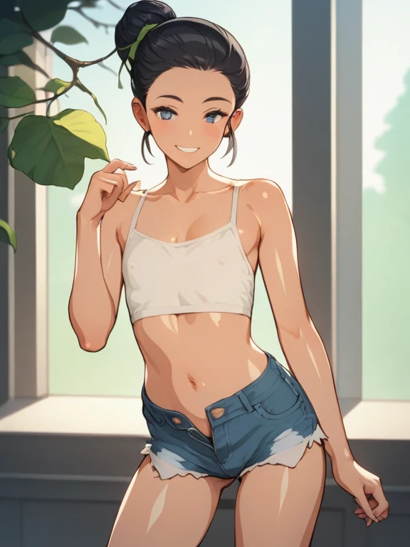 menina bonita chinesa，standing on her feet，Incline-se para a frente com o peito firmemente contra as pernas，unparalleled beauty，Shiny rubber pants，oversized buttocks，round buttocks，beautiful buttocks，upturned buttocks，Single combed ponytail，cabelos pretos，pernas delgadas，salto em altura，Gentle and shy face，laughing from the heart，耳Nipple Ring，colar，Correntes，Behind the perspective, small breasts, ((revealing chest))