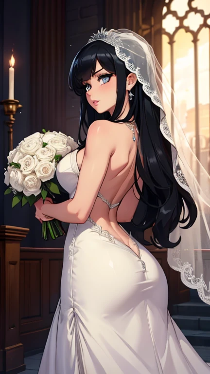 score_9, score_8_up, score_7_up, score_6_up, score_5_up, score_4_up, uncensored, yukinoshita yukino, absurdly long hair, grey eyes, black hair, very long hair, horny face, blush face, lips, naughty face, shiny skin, sweating, steaming body, heavy breathing, (small breasts:1.3), detailed body, detailed eyes, BREAK (masterpiece:1.2), best quality, high resolution, unity 8k wallpaper, (illustration:0.8), (detailed eyes:1.6), extremely detailed face, perfect lighting, extremely detailed CG, (perfect hands, perfect anatomy), bouquet, 1girl, dress, flower, wedding_dress, solo, veil, cleavage, jewelry, gloves, bridal_veil, elbow_gloves, holding_bouquet, white_flower, smile, necklace, bride, rose, white_rose, earrings, looking_at_viewer, holding, white_gloves, choker