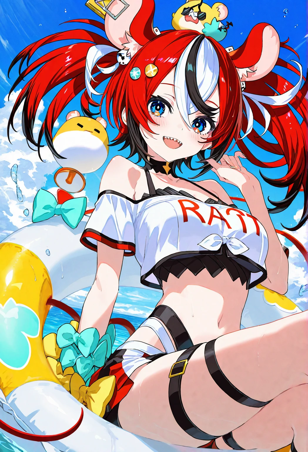 anime girl in a bikini, anime style 4 k, (anime girl), badass anime 8 k, best anime 4k konachan wallpaper, anime style character, top rated on pixiv, seductive anime girl, anime style. 8k, anime girl, an anime girl, anime artstyle, red hair, visible red hair (Best quality, 4k, Masterpiece :1.3), beautiful woman, hyper realistic, 1girl, (droopy breasts, attractive body :1.2), sit-ups :1.1, short red hair: 1.1, (wet rainy, wet by rain, wet body :1.2), ultra-detailed face, detailed lips, detailed eyes, double eyelid, sensual low-necked dress, open neckline, hanging breasts, side pose, visible curves, pool party, poolside, silver transparent mantle,sunglasses, muscular turned leg, revealing clothing, yellow eyes [ 4 k digital art ]!!