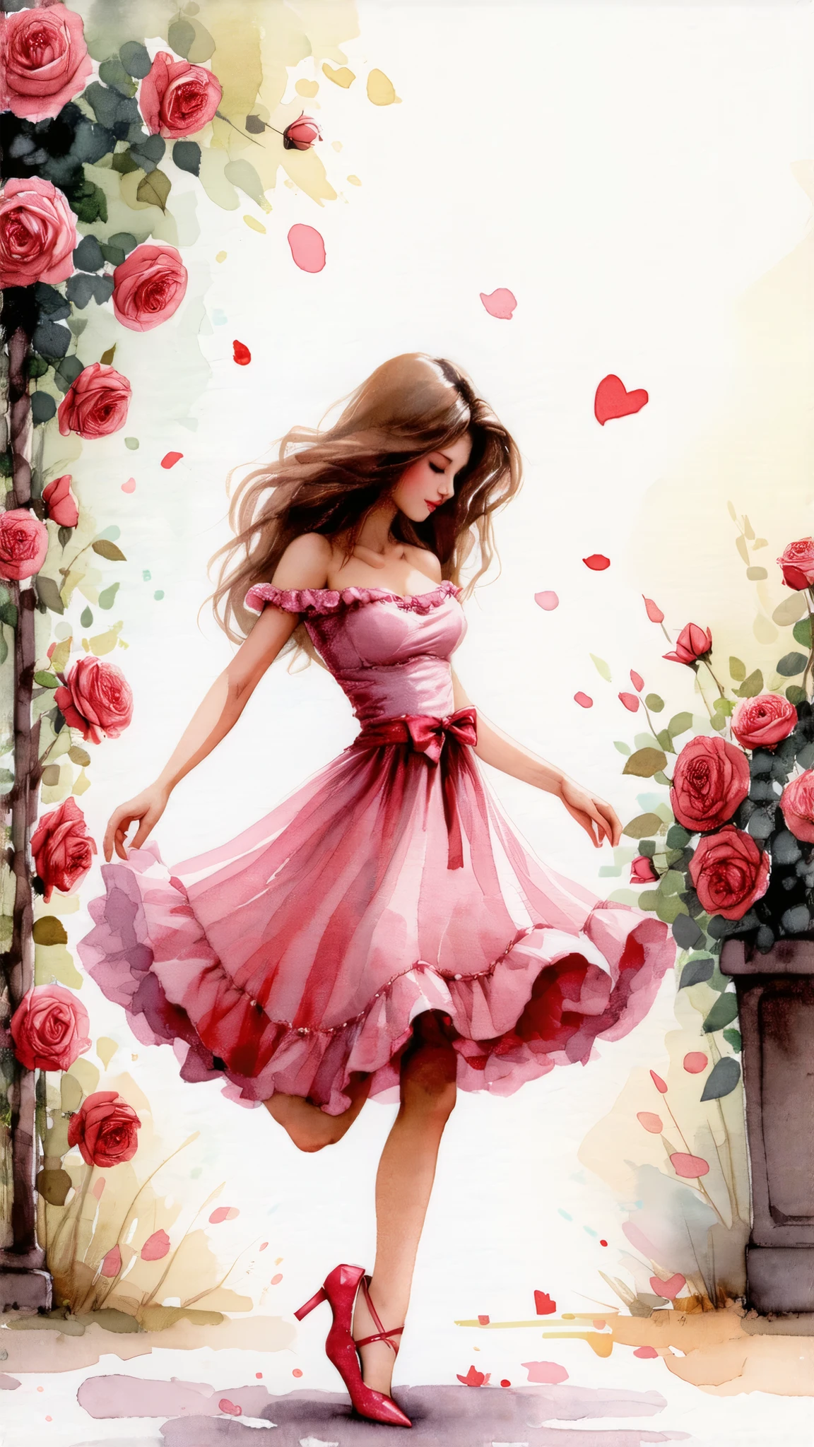 Top quality, watercolor, pastel, hand-drawn dream world, watercolor smudges, thick outlines, transforming everyday life into a page of a picture book, a beautiful girl with big breasts dancing in a rose garden