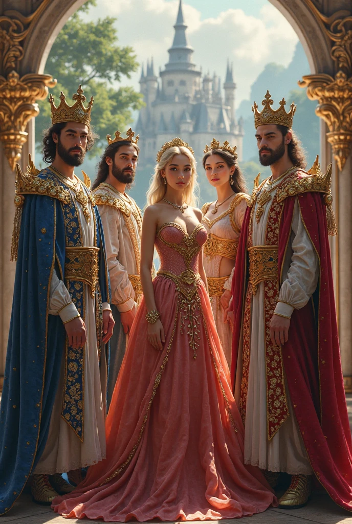NSFW, ((masterpiece, best quality, extremely detailed, absurdres)), Create a high-resolution, highly detailed anime-style illustration that captures the grandeur and elegance of a medieval Western royal family. The illustration should feature a king, queen, and princess, each radiating an aura of nobility and power. The royal family is depicted in a luxurious setting, surrounded by opulent decorations and ornate elements that emphasize their status. The king stands tall, exuding authority and wisdom; the queen, graceful and composed, reflects regality; and the princess, youthful yet poised, symbolizes hope for the future. The subjects are dressed in richly detailed royal attire, with intricate patterns and designs that showcase their wealth and influence. The overall composition should evoke a sense of awe and respect from those who view it, as if the family is a beacon of leadership and power. The lighting is soft yet dramatic, enhancing the textures and depth of the characters and their surroundings. The background is an elaborate palace interior with grand pillars, velvet drapes, and majestic chandeliers. The illustration should maintain a balance between realism and the softness typical of anime art, ensuring that every detail, from the characters' facial expressions to the smallest elements in the background, contributes to the overall impact of the piece. --royal family, --Noble Princesses, --sexy, --erotic