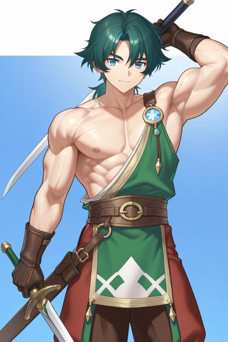 (1 Adult male),A high resolution, Sharp focus, Pixiv masterpiece, ((Complicated details)), highly detailed, natsuki_subaru, 1 man, ((Combat posture)),full bodyesbian, greene eyes(eyes glowing), Green short bob hair,Armour,cloaks,Shoulder armor,perspire,look from down