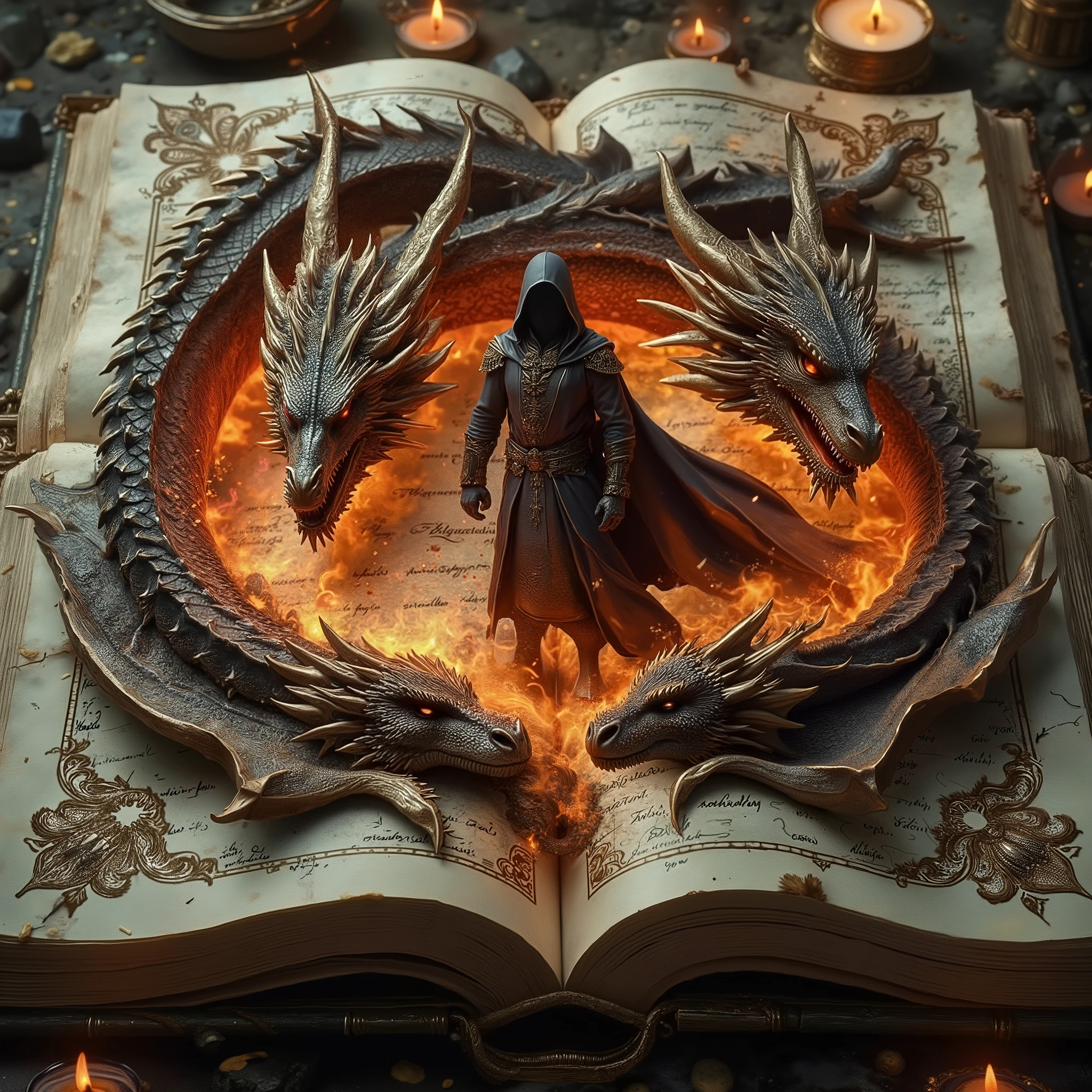 A mysterious cloaked hero stands inside a ring of fire-breathing dragons, all emerging from an open ancient book. Candles flicker around them, lighting the pages. Ornamental book design, enchanted parchment, epic magical fantasy style. Pop-up book perspective, cinematic fantasy composition, dragon summoning, arcane circle, storybook portal, glowing candles